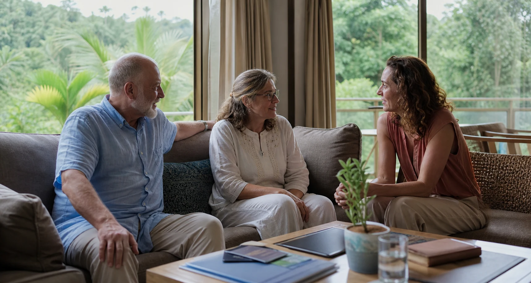 An international family staying together in a calm Kerala residence during a healthcare journey